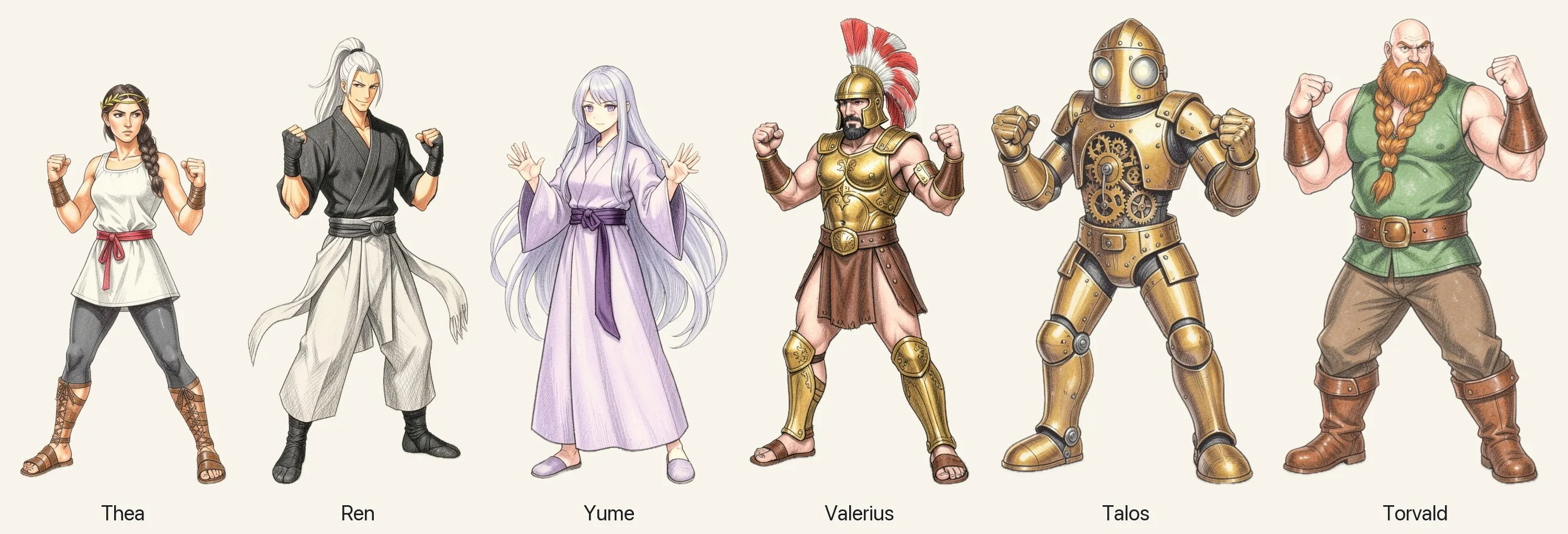 The six fighters drawn in pencil: Thea, Ren, Yume, Valerius, Talos and Torvald.